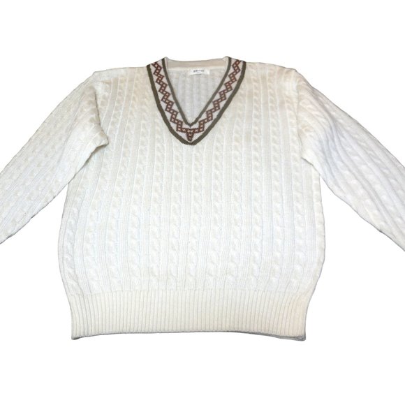 Pullover Sweater LARGE cable knit long sleeve v-neck cream color - Picture 2 of 6